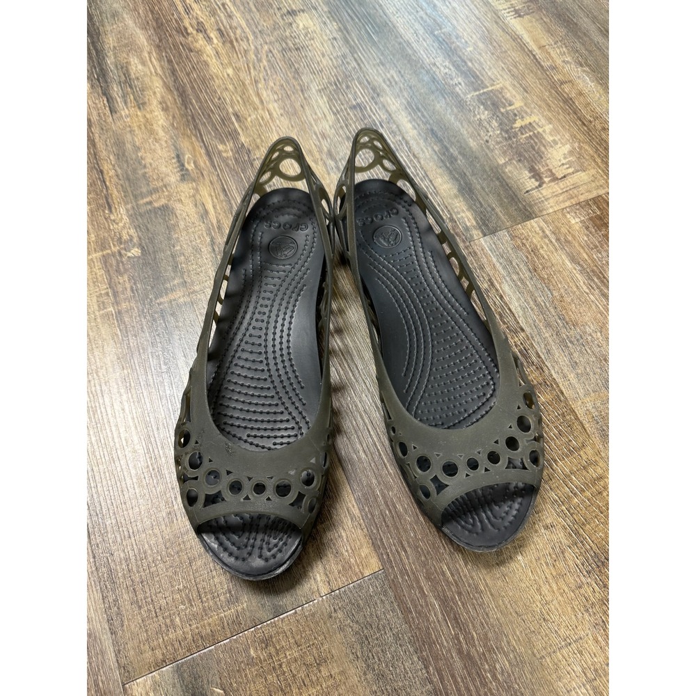 Crocs Adrina Peep Toe Flats Womens Size 9 Black Smoke Cutout Jelly Shoes